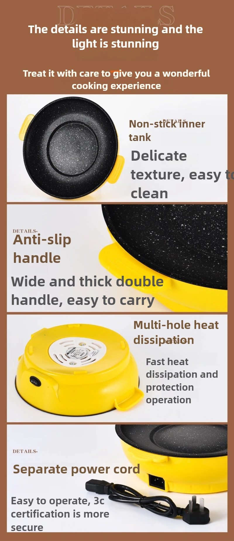 22Cm 전기 그릴 비 스틱 팬 바닥 튀김 다기능 전기 그릴 홈 바베큐 안티 건조 연소 자체 전원 오류