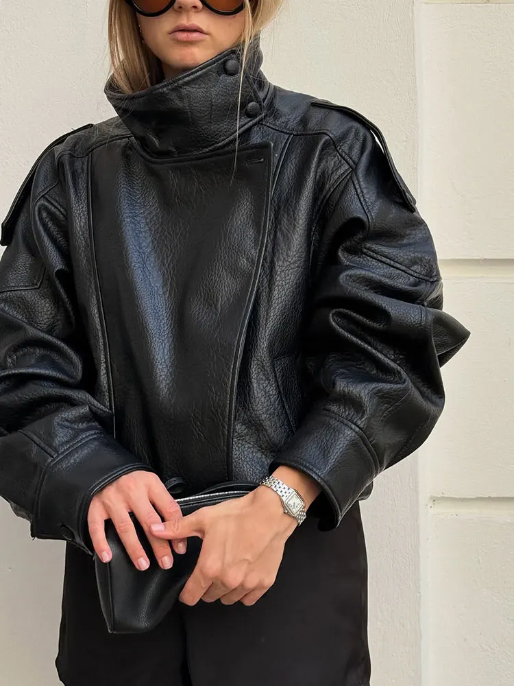 Cerniera da donna a maniche lunghe con tasche dolcevita autunno cappotti larghi retrò giacca di pelle asimmetrica moda di strada per