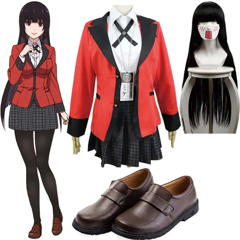 Jabami Yumeko Cosplay Kostüm Yomoduki Runa Mantel High School Mädchen Rock Uniform Perücke Schuhe Karneval Halloween Kostüm