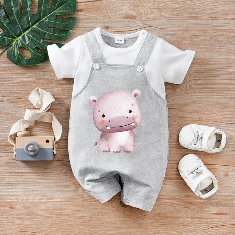 Newborn boy summer fake 2-piece hippos cartoon cute short-sleeved round-neck jumpsuit Cozy Breathable Durable Convenient Practic