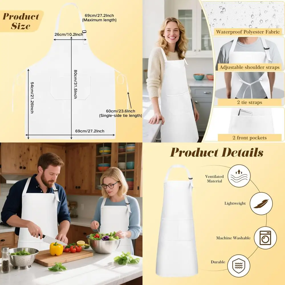 

15-Pack White Adjustable Kitchen Aprons with Pockets, Water-Resistant for Cooking, BBQ, and Arts & Crafts