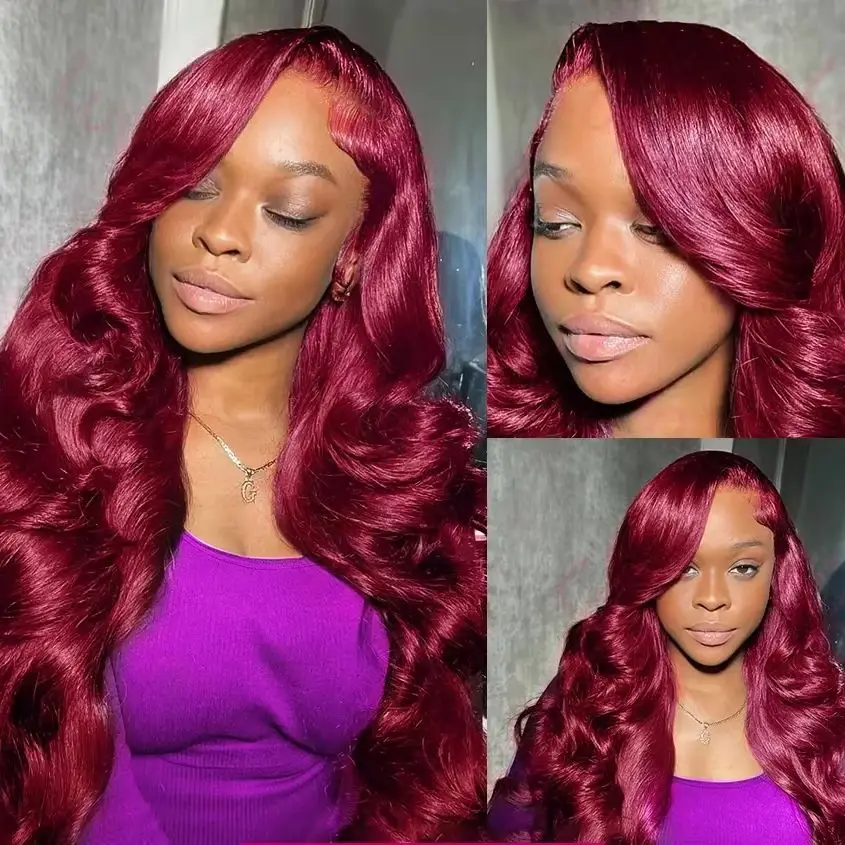 99J Human Hair Wigs Body Wave 250% Density 46 Inches 13x6 13x4 HD Transparent Invisible Lace Frontal Wig Burgundy For Women Pre Plucked Pre Cut Lace Pre Bleached Knots Pre Styled Brazilian Hair