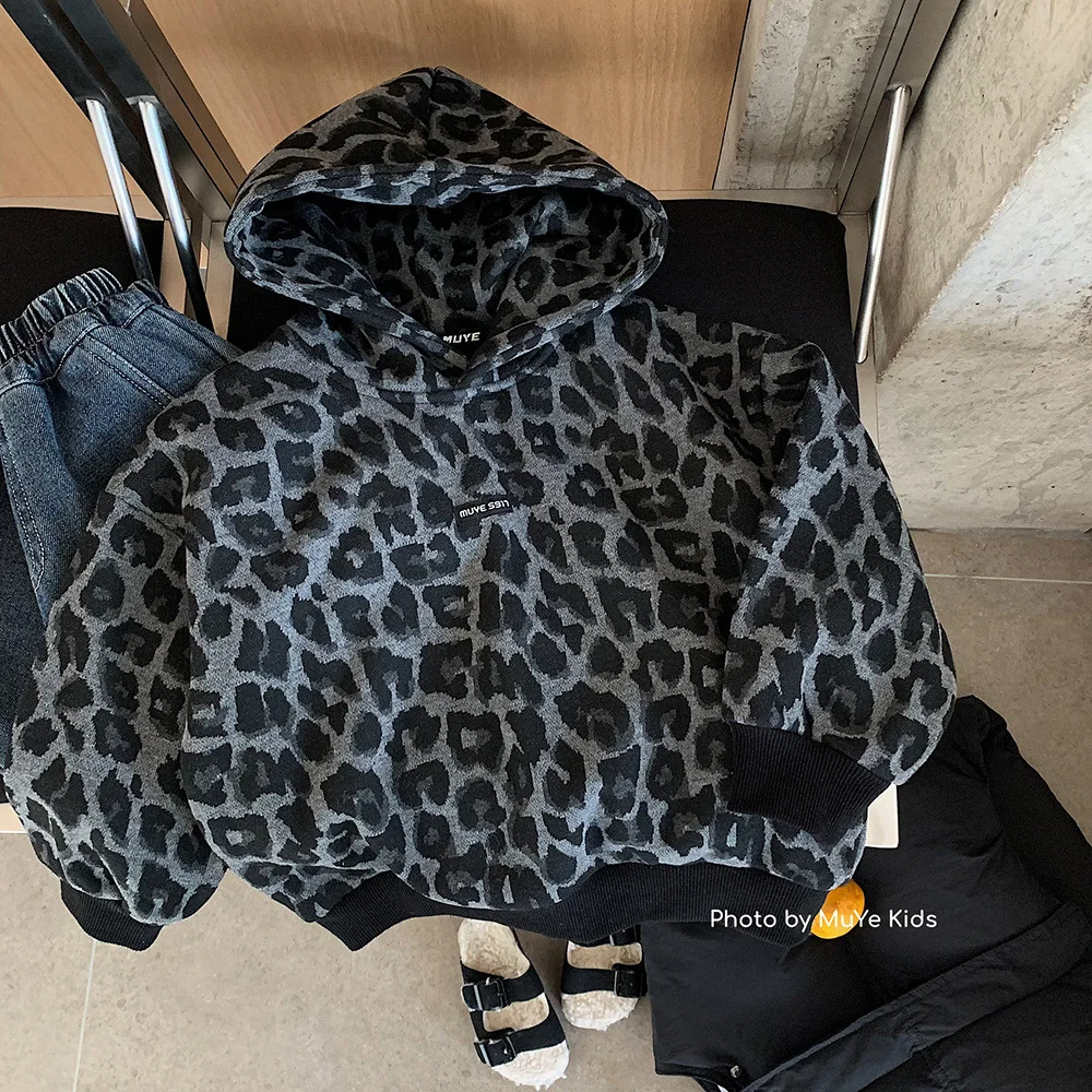 

Infant Baby Boys Sweatshirt New Winter Leopard Thicken Warm Hooded Kids Boys Hoodies Fashion Toddler Boys Versatile Pullovers