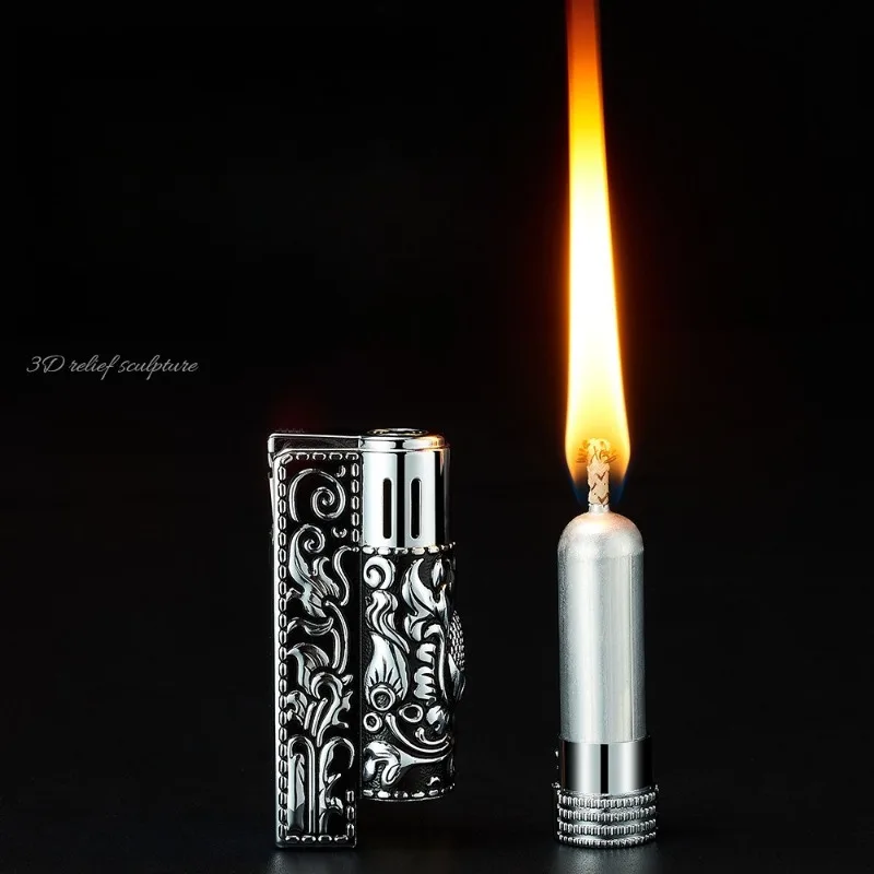 2026 Zinc Alloy Three Sided Exquisite Relief Windproof Kerosine Lighter One Click Launch Ignition Fashion Retro Lighters Gifts