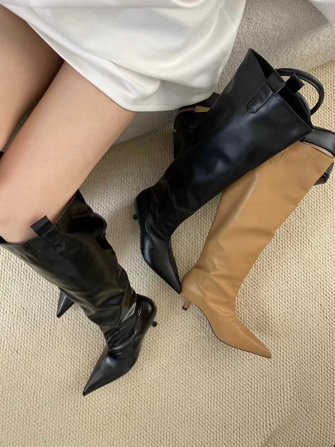 Pointed Toe Women Knee High Boots Black Brown Thin High Heels Shallow Slip On Chelsea Botas Fashion Party Pumps Shoes Woman 39