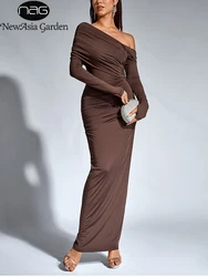 NewAsia 여성 긴 소매 비대칭 목 롱 드레스 한 어깨 Ruched Bodycon 패션 클럽 파티 맥시 드레스 브라운 가을