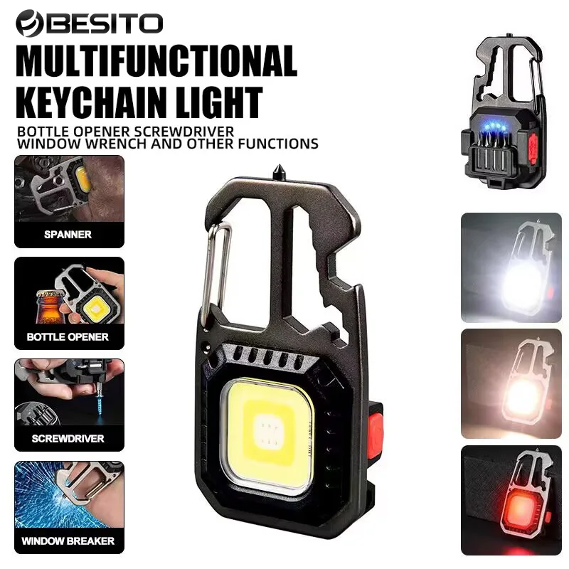 LED Portable Keychain Flashlight Outdoor Camping COB Work Light Emergency Lighting With Window Hammer Bottle Opener Lamp