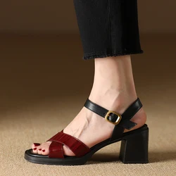 2024 nuove donne eleganti retrò sandali in vera pelle tacchi alti spessi fibbie scarpe da ufficio donna estate Comfort sandali pompe