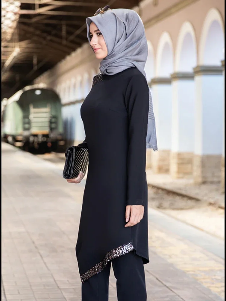 Muslim 2 Piece Sets Women Abaya Dubai Lace-up Tops and Wide Leg Pants Kaftan Eid Pakistan Turkey African Prayer Islamic Clothing