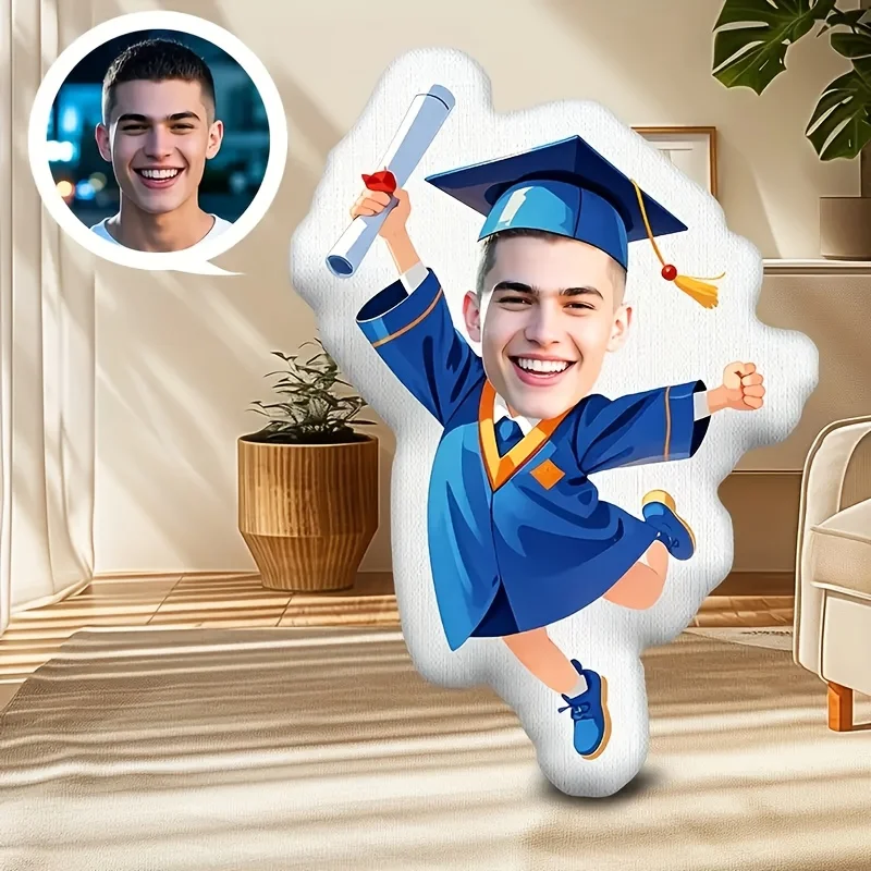 A Custom Graduation Ceremony Throw Pillow Featuring a Personalized Face and Body Pattern Design, Double-sided Printing. Suitable