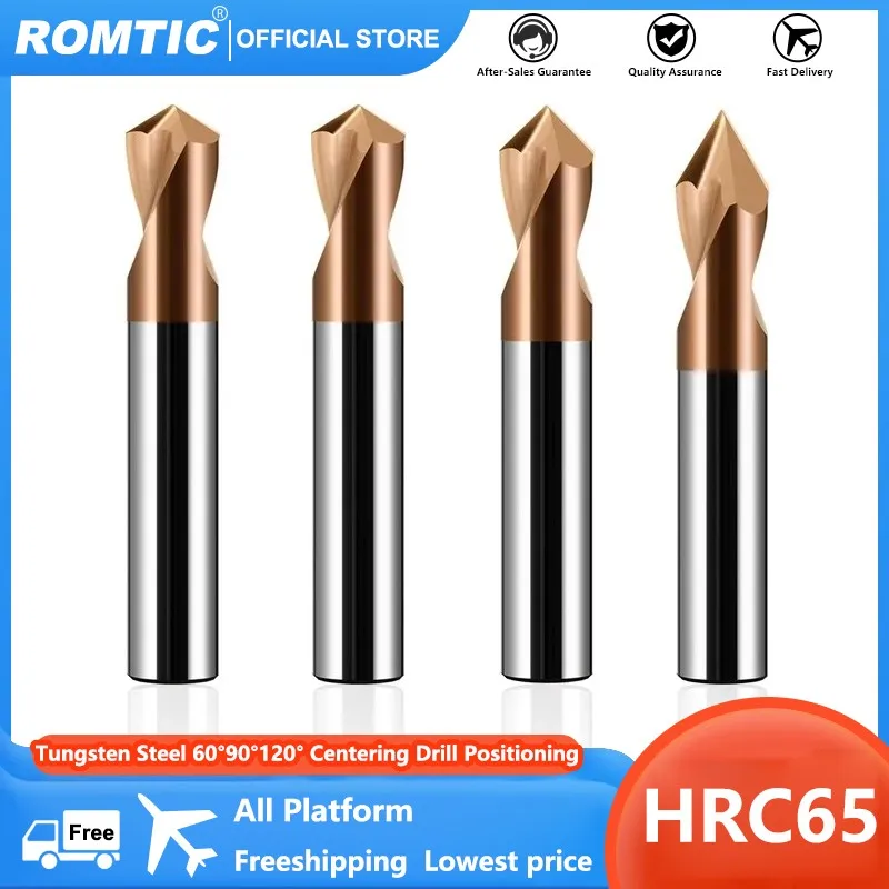 ROMTIC HRC65 Tungsten Steel Carbide 60°90°120° Centering Drill Positioning CNC Mechanical Machining Center Drill Bit Tools