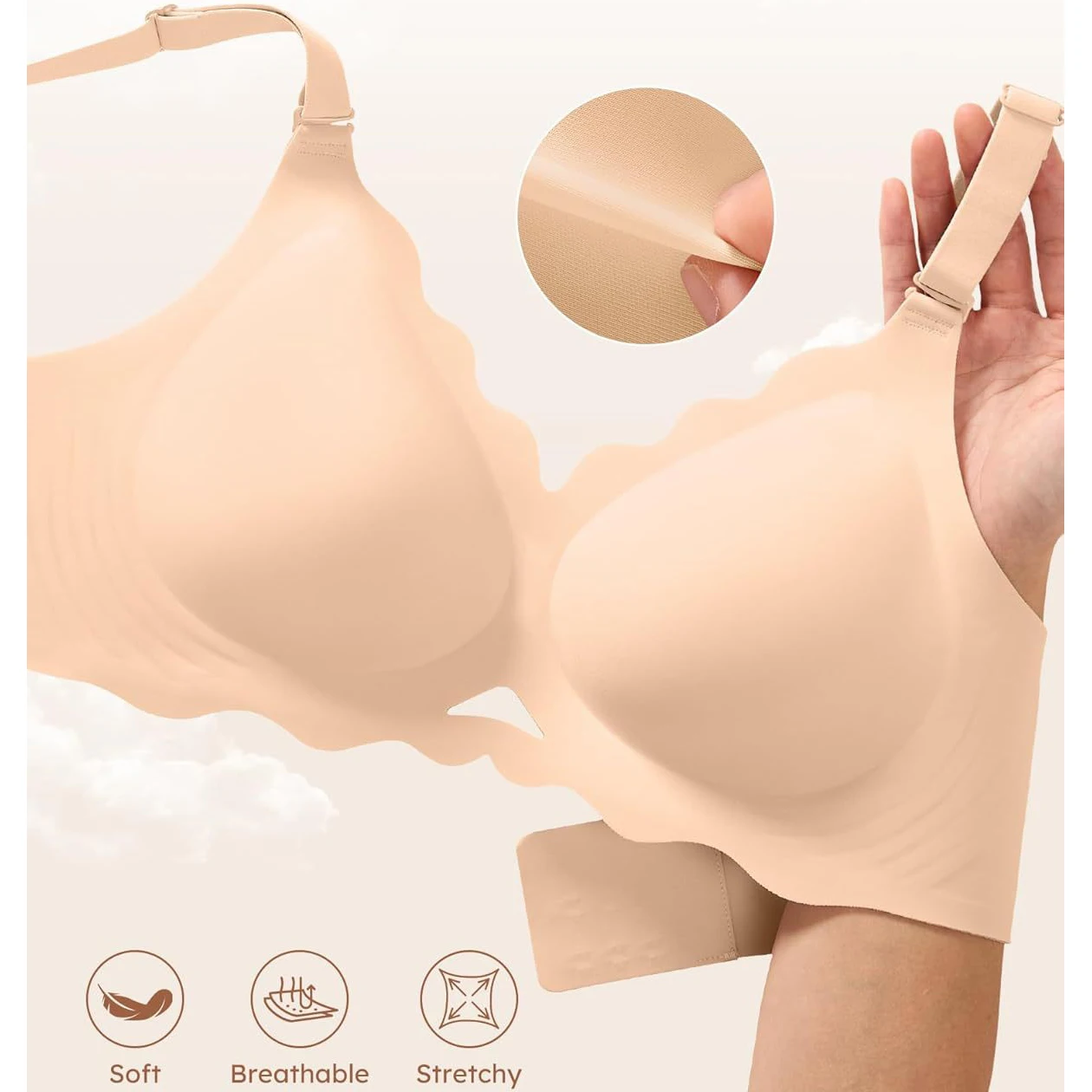 Women's Seamless Wire-free Bra with Deep V-neck Wavy Design Soft and Supportive Jelly-like Texture Full Cup Bra Plus Up image 4