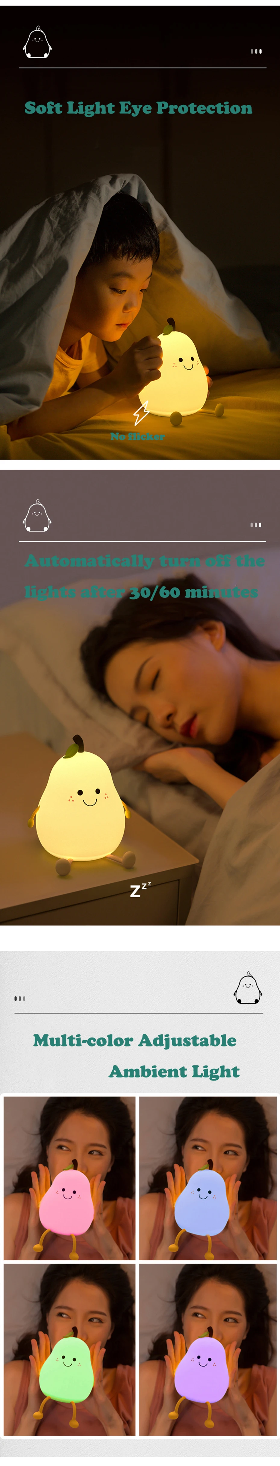 Rechargeable LED Cartoon Pear Nightlight, Silicone Light, Bedside Decor, Color Changing, Atmosphere Lamp for Kids, Holiday Gifts
