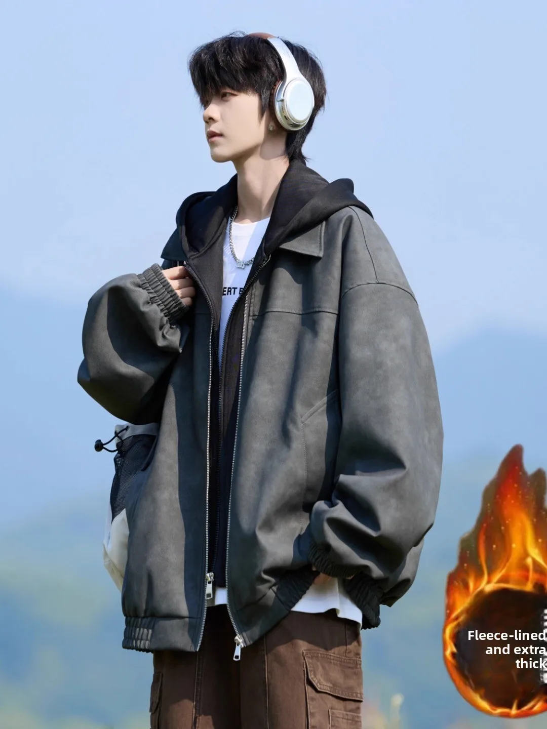 

Men's Thiened Large Size PU Leather Cotton Jaet Winter Warm Hooded Coat Loose Fit Faionable Brand Chinese Brand