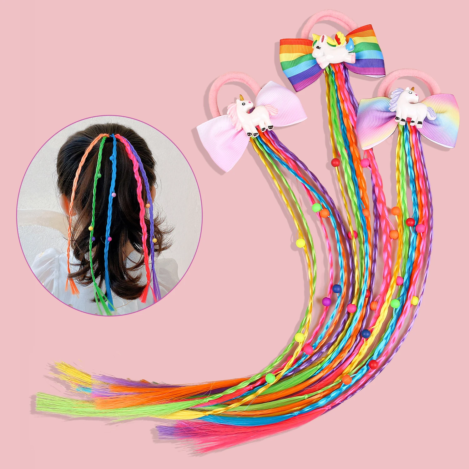 

3/6pcs Gradient Bow With Cartoon Trojan Rainbow Wig Headband For Girls Women Elastic Nylon Ponytail Holder Hair Accessories