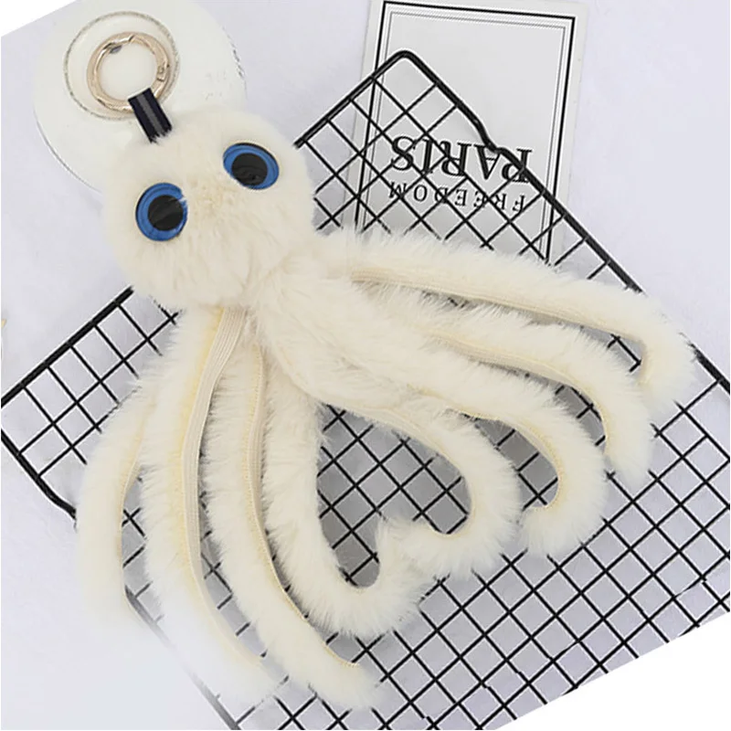 Cute Girls Fluffy Fur Pompom Octopus Keychains Women Rabbit Fur Pompon Octopus Key Chain On Bag Car Trinket Jewelry Party Gift