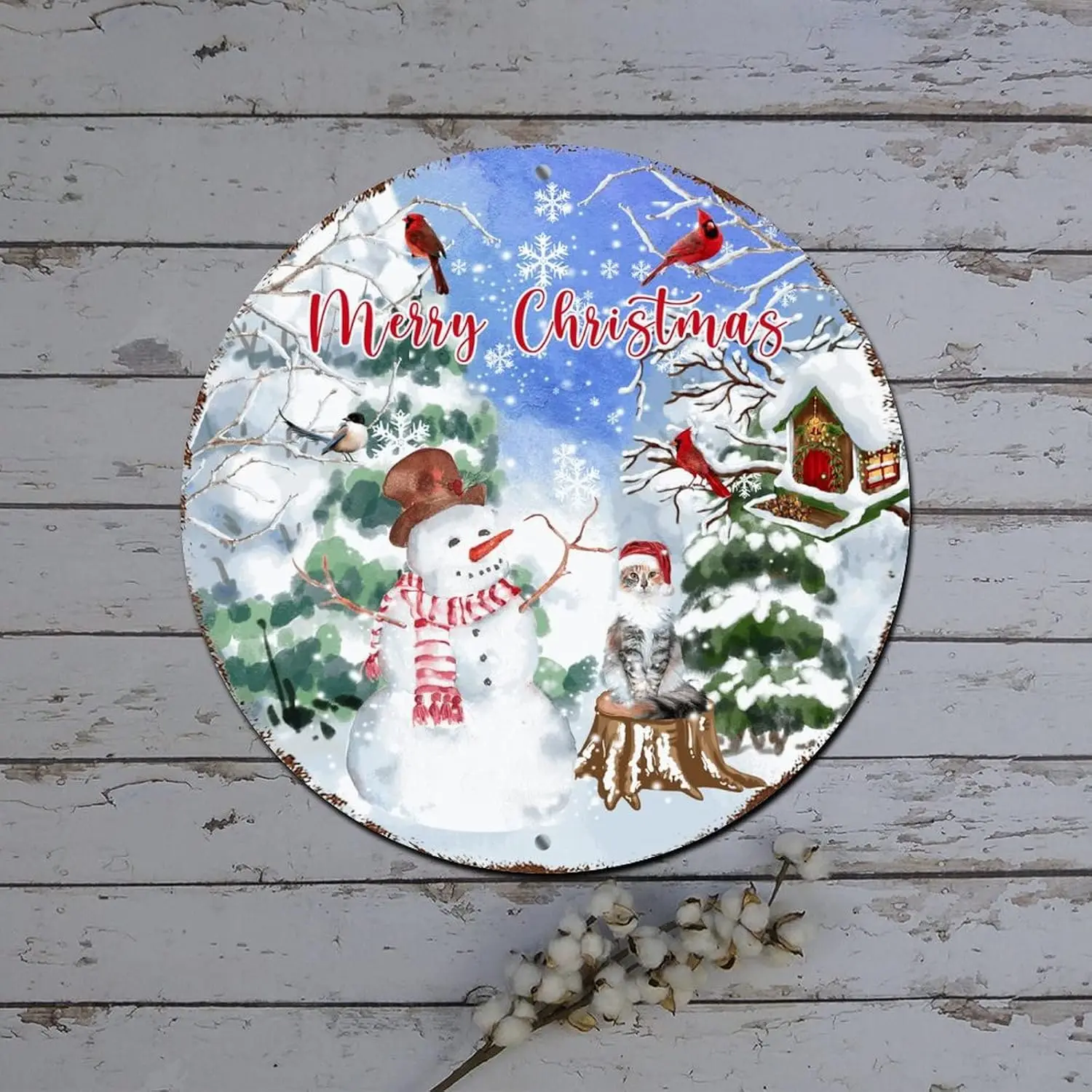 Snowman Christmas Wreath Sign Winter Scene Snowman Cat with Santa Hat Round Metal Tin Sign Christmas Door Decor Retro Plaque Met