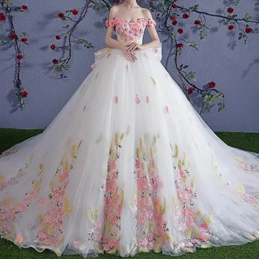 

Customized Exquisite 3D Flowers and Appliques Wedding Dress Lace Up Back Sweep Train Lace Organza Off the Shoulder Bridal Gowns