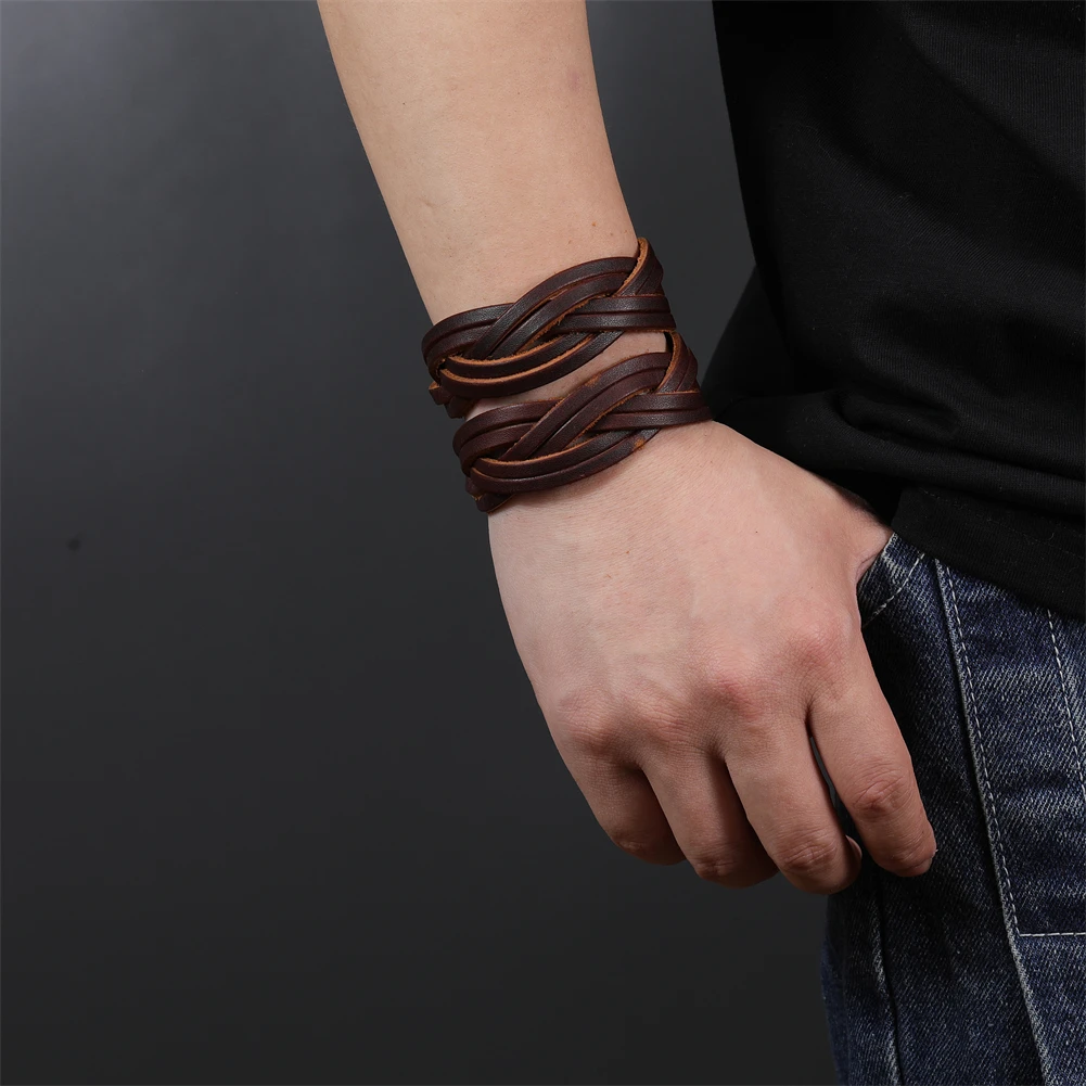 2025 Trend Jewelry Handmade Weave Genuine Leather Bracelet Men Vintage Cuff Wide Leather Bracelet Pulsera Hombre