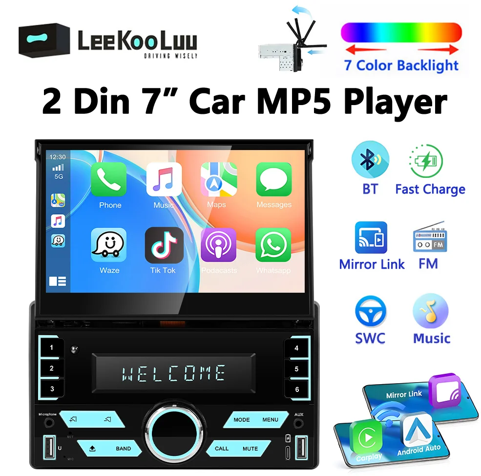 

LeeKooLuu 7" Motorized Retractable Touch Screen 2Din Car Radio with Wireless Carplay Android Auto 2 Din Multimedia Video Player