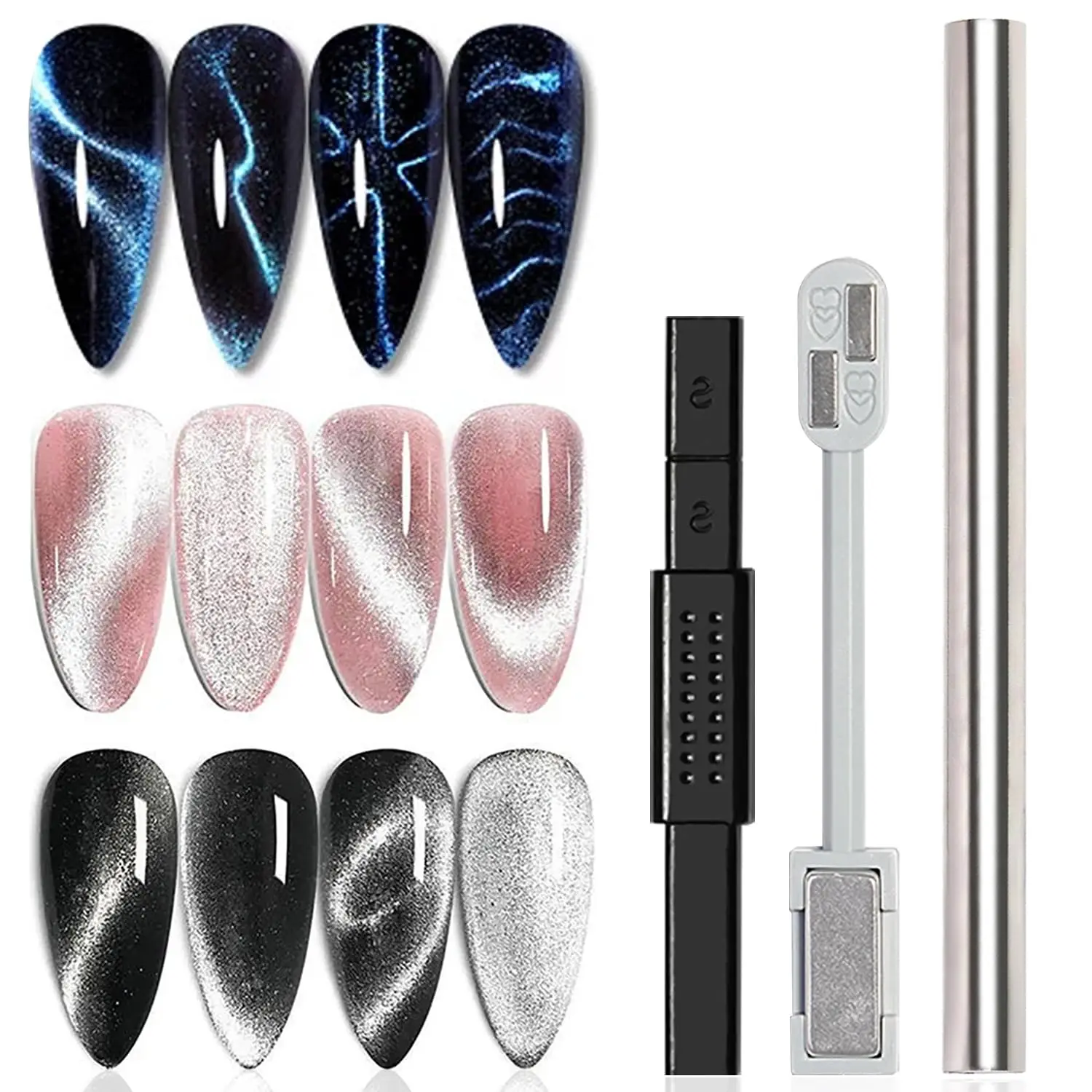 3Pcs Cat Eye Magnet Set for Nail Art Double Head Magnetic Wand Strong Cylinder Pen for 3D Gel Polish Manicure DIY Tool Kit