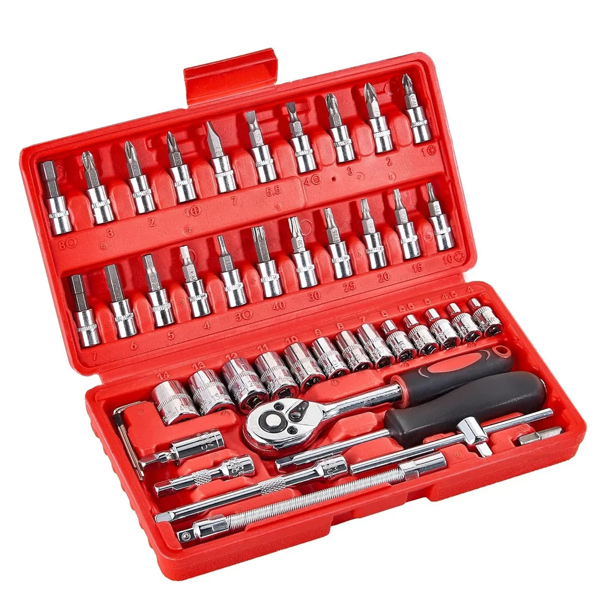 46 Pcs 1/4” Drive Socket Ratchet Wrench Set with Storage Case, Includes Metric Bit Socket Set and Extension Bar for Auto Repair