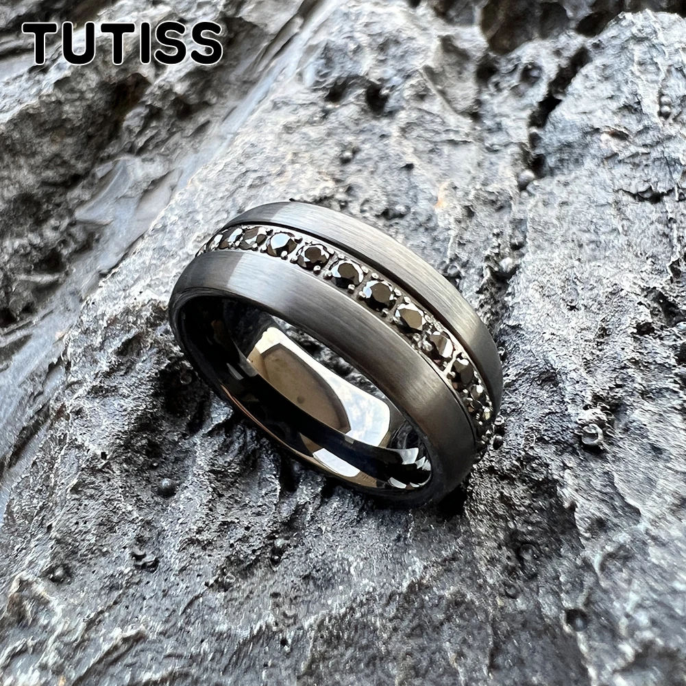 TUTISS 8mm Domed Brushed CZ Stone Inlay Black Tungsten Ring for Men Women Eternity Fashion Engagement Wedding Band