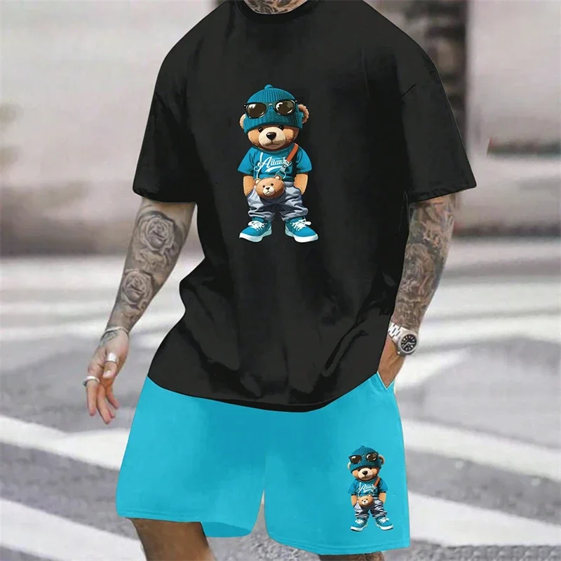 Fun Bear Harajuku T-Shirt Men's Summer Loose Daily Couple Suit Outdoor Street Short Sleeve Shorts Two Piece Men Summer Suit - view 6