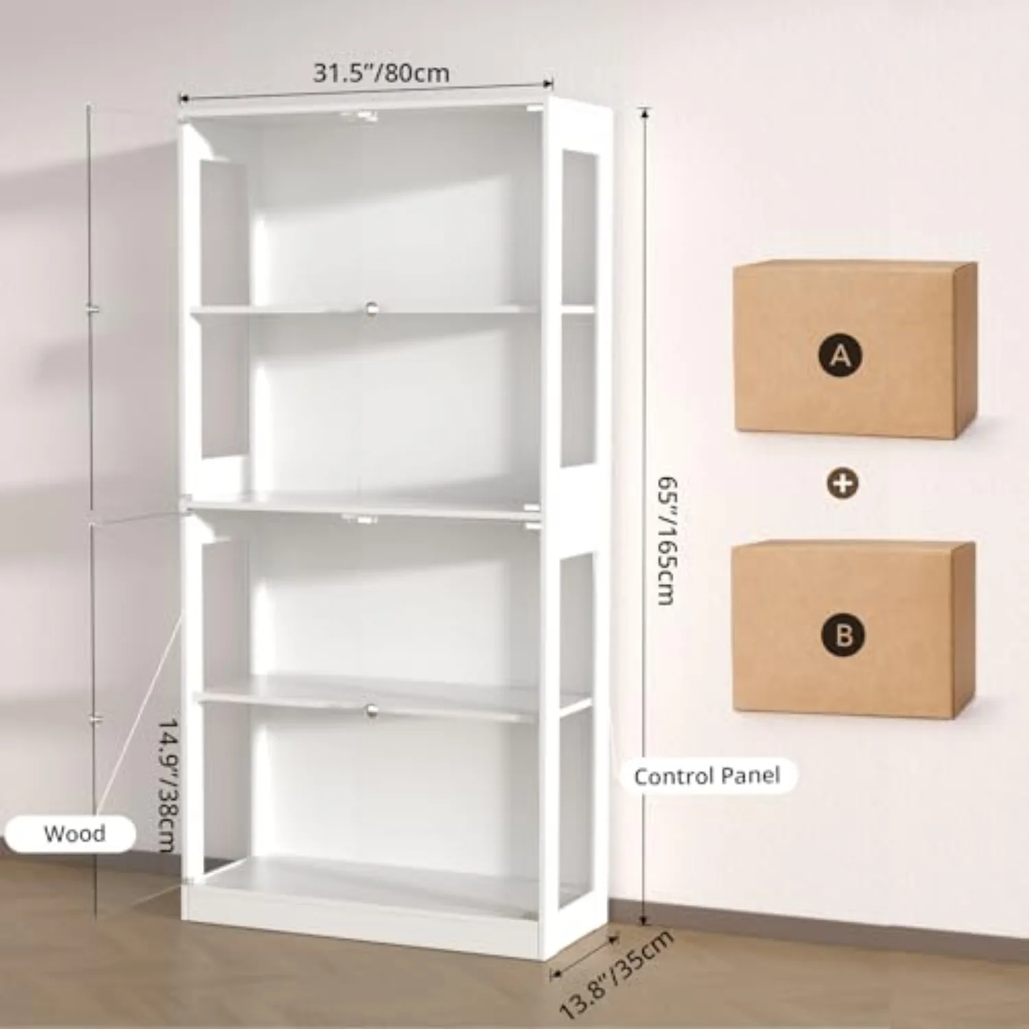 65'' Display Cabinet with Glass Door 4-Tier Display Case | Human Body Sensor, 3 Color LED Lighting, Curio Cabinet for view 2