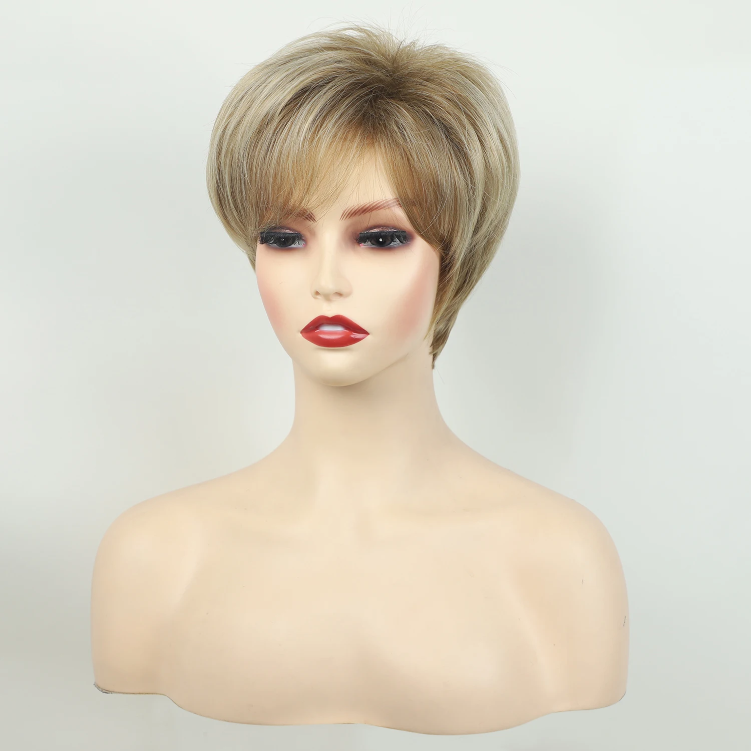 Perruque synthétique courte avec frange pour femme, blonde ombrée, coupe Pixie, coiffure pour maman, 03/fête