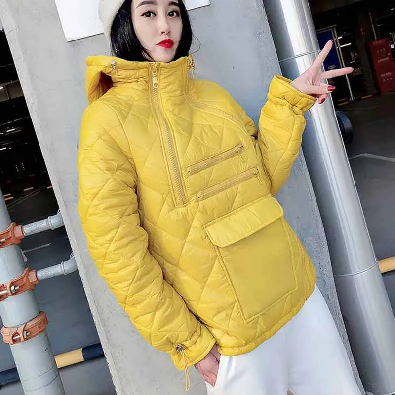 2024 New Thin Cotton Jacket Autumn/Winter Women\'s Korean Loose Hooded Zipper Coat Solid Color Casual Short Outwear Tops Female