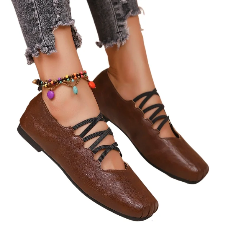 2026 جديد ريترو متعدد الاستخدامات كعب منخفض الدانتيل متابعة الكفة المرأة أحذية مسطحة للنساء حجم كبير ساحة تو لينة أسفل أحذية السيدات