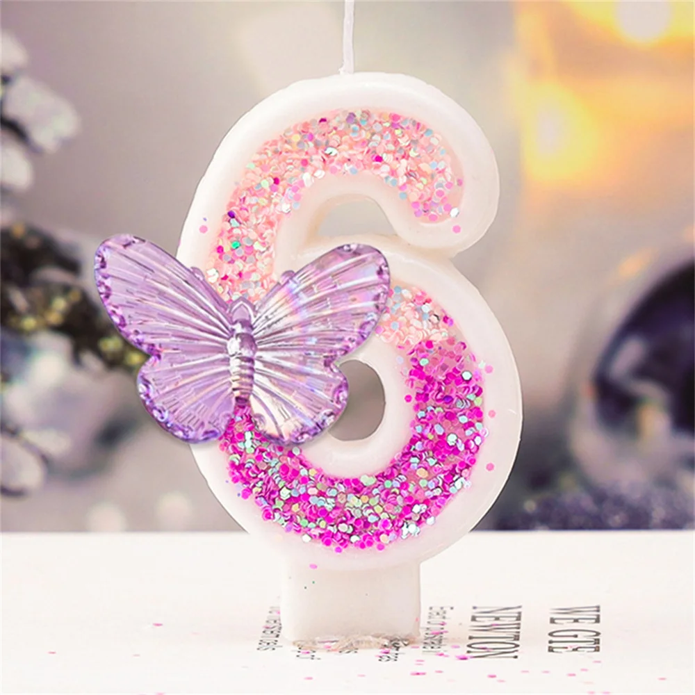 Butterfly Happy Birthday Digital Candle Children's Party Creative Cartoon Sequin Pink Purple Gradient Birthday Candle Kids Adult