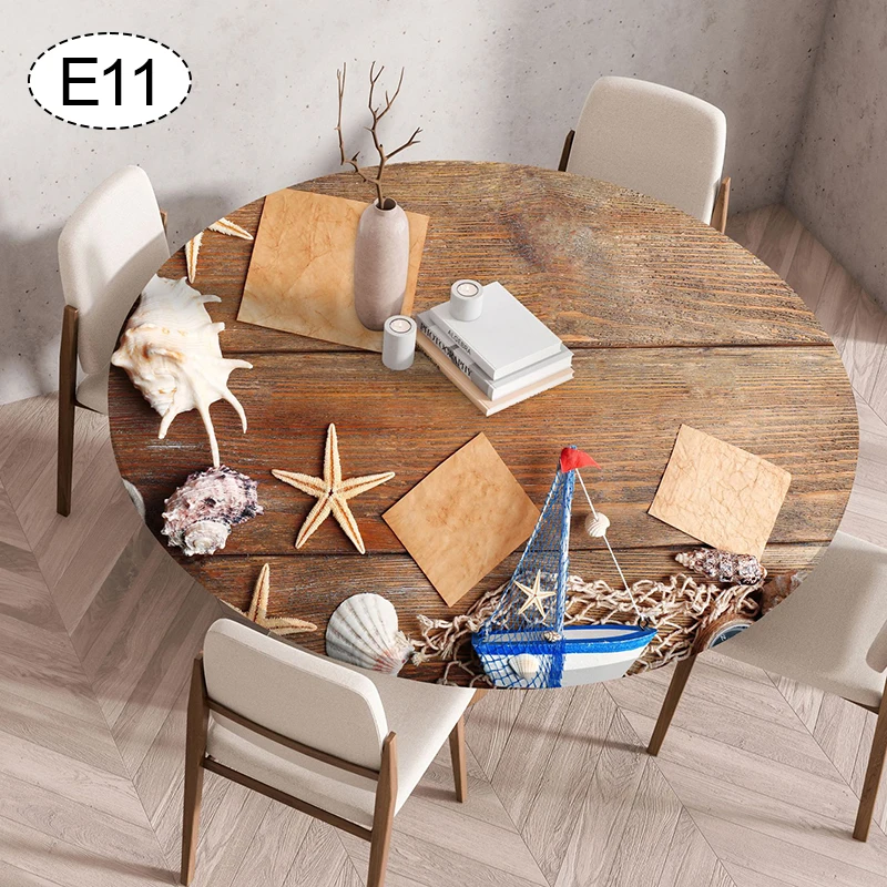 Ocean Style Round Tablecloth 60/90/120cm Waterproof Oil Resistant Elastic Fabric Table Cover For Home Restaurant Kitchen Decor