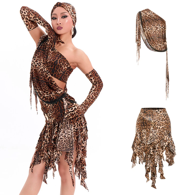 DUYQ Leopard Irregular Top Ruffled Skirts Women'S Cha Cha Latin Dance Costumes Adults Ballroom Dance Training Clothing SL16002