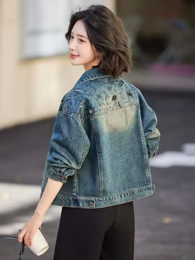 

Women Korean Vintage Embroidered Denim Jacket Short Rhinestone Casual Fashion Versatile New Arrival Early Spring Autumn Top