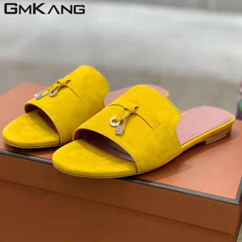 Hot Sale Flat Slippers For Women Metal Lock Comfortable Mules Shoes Kid Suede Peep Toe Slides Summer Comfy Flat Sandals Woman