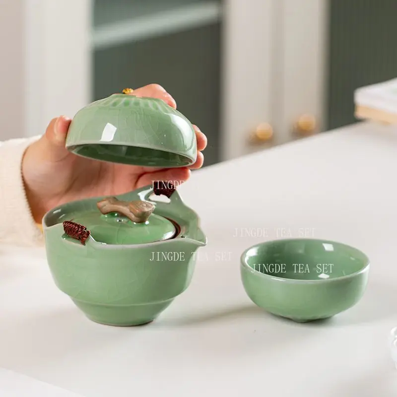 Celadon Crackle Glaze Travel Tea Set 1 Teapot 2 Cups and Carry Case Portable Kung Fu Tea Kit for Office and Trip Teaware Sets