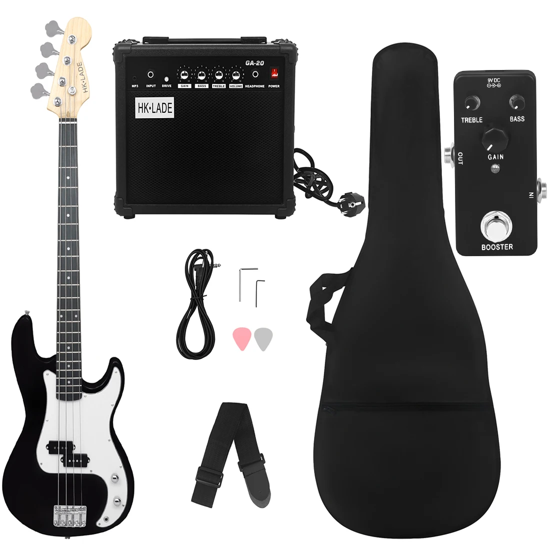 Black Electric Bass Guitar Set 20 Frets Rosewood Fingerboard Guitar with Connection Cable Wrenches Strings Bag Accessory