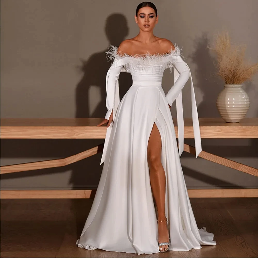 Elegant Wedding Dresses A-Line Satin Bridal Gowns Boat Neck Off The Shoulder Robes Feather Decoration Vestidos De Novia 2024