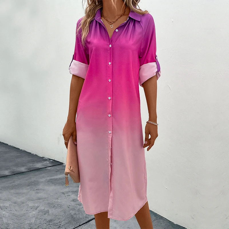 Women's gradient color Shirt Dress -Casual Collared Button Down Midi Dress with Roll-Up Sleeves for Daily Office Vacation