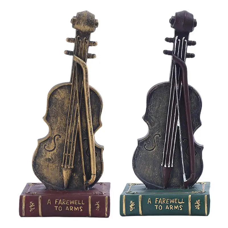 

Violin Desk Decor Resin Table Decoration On Book Base Retro Art Sculpture Collectible Figurine For Living Room Decoration