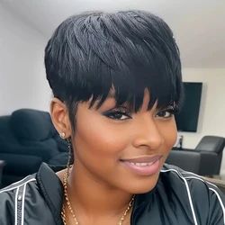 Short Human Hair Pixie Cut Wig Straight Hair Brazilian Hair Wig For Black Women Machine Made Wig With Bangs Cheap Human Hair Wig