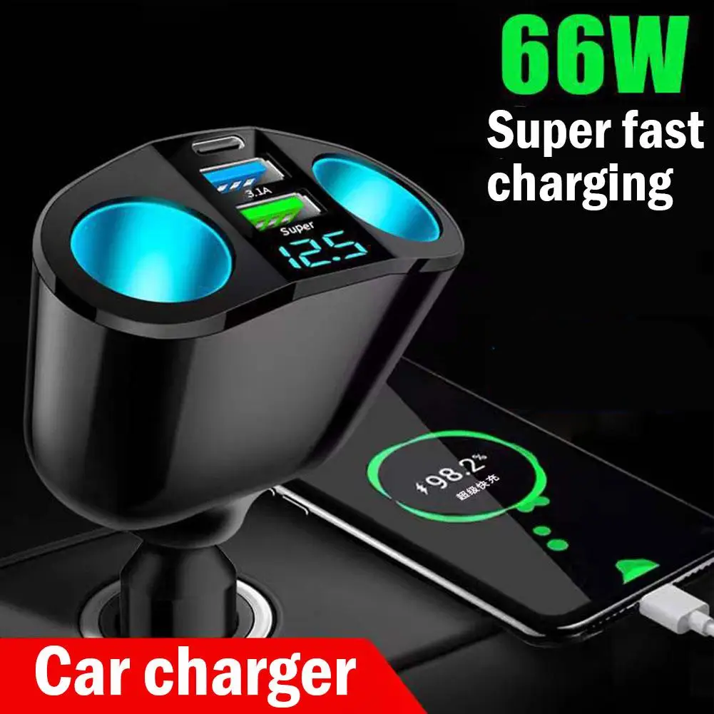 QC3.0 Car Charger 12V/24V Dual USB Power Adapter Car Cigar Lighter Socket Type-C+QC3.0+2.4A Blue LED Digital Display 120W