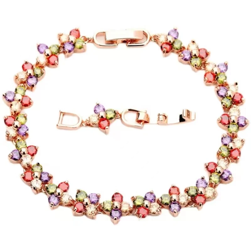 SUGU Fashion Charming Shiny 4-petal Flower Multicolor Zirconia Bracelets for Young Ladies Dinner Party Jewelry Accessories