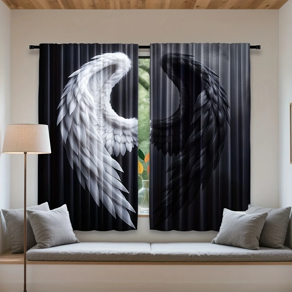 Elegant Black and White Angel Wings Curtain Panels for Living Room Home Decor Window Drapery