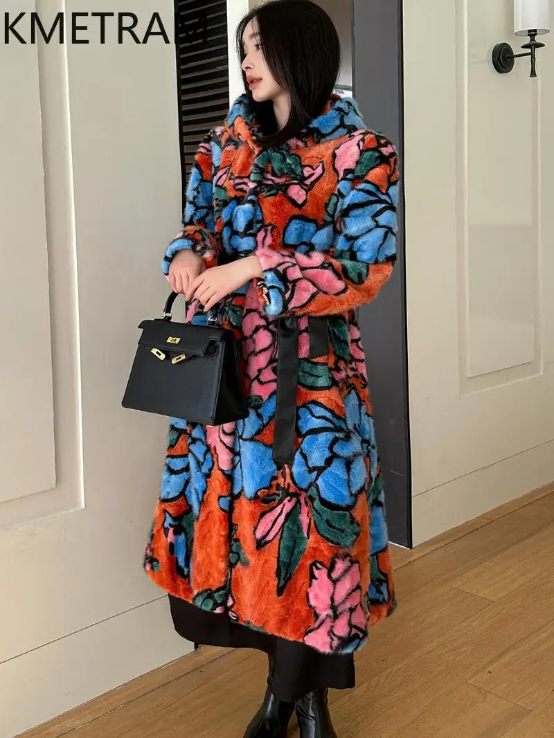 Natural Mink Fur Coat Woman Luxury Printed Long Real Fur Jacket with Hood High Quality Winter Clothes Furry Jackets 2025 шуба