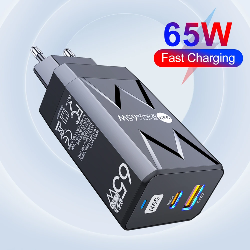 65W GaN Charger PD QC3.0 Fast Charging Adapter Dual Port USB