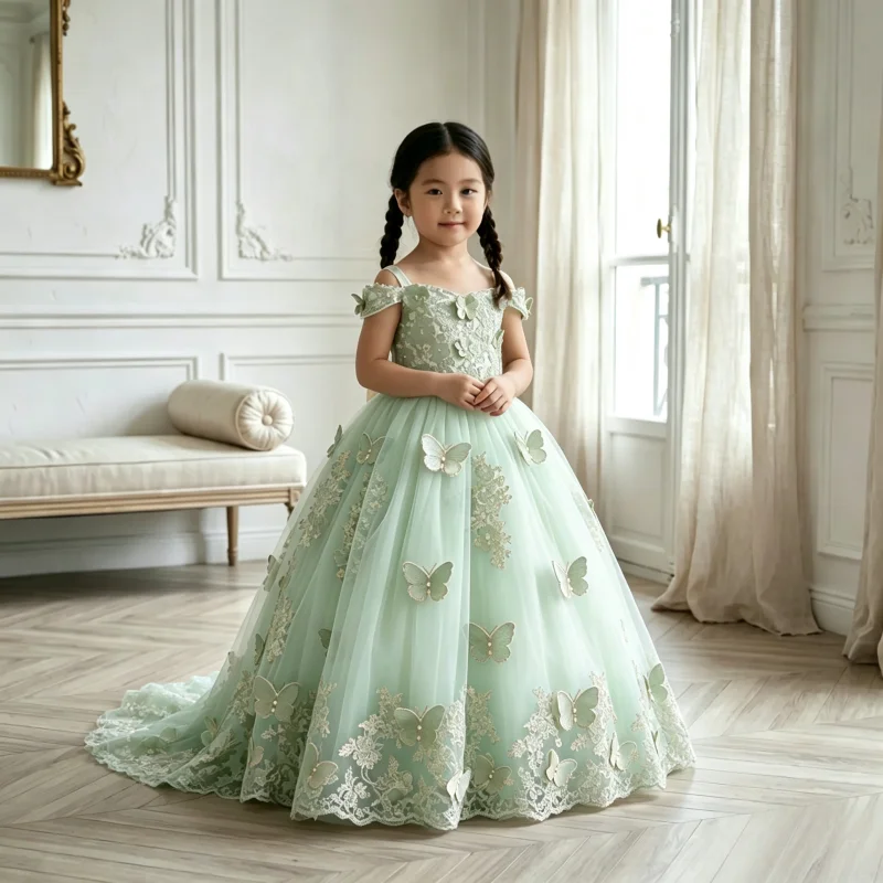 3D Butterfly Lace Tulle Flower Girl Dress Spaghetti Strap Floral Embroidery Floor Trailing Train Kids Gown Wedding Baptism