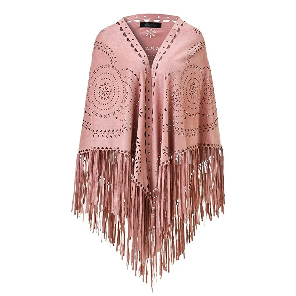 

TZTOOZ Women's Loose Suede Fringe Open Poncho Cloak Shawl Wrap with Punch Hole Patterns and Graceful Fringes